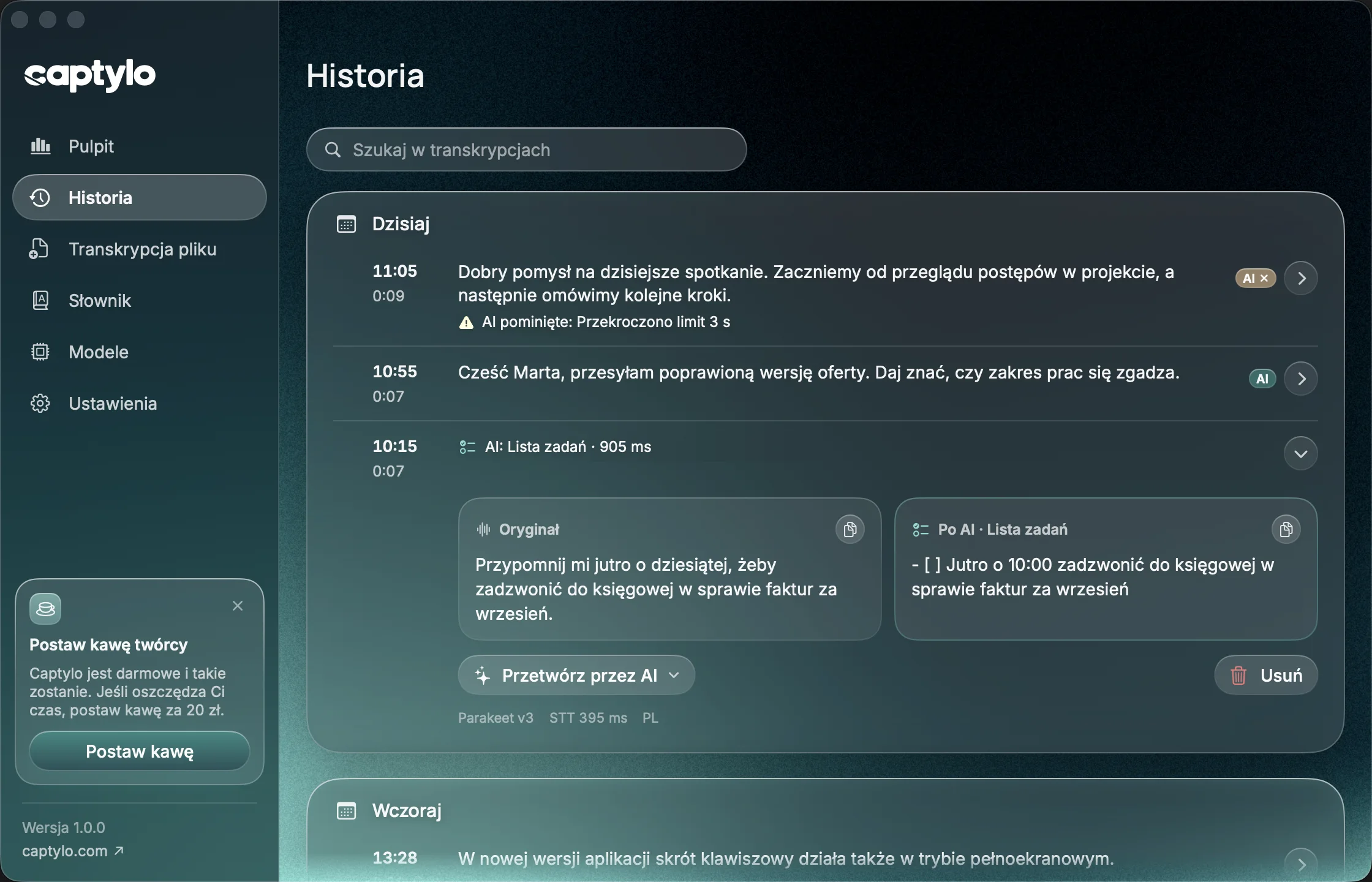 Okno Historia: dyktowania z dzisiaj z godziną i długością, rozwinięty wpis z oryginałem i wersją po AI w trybie Lista zadań