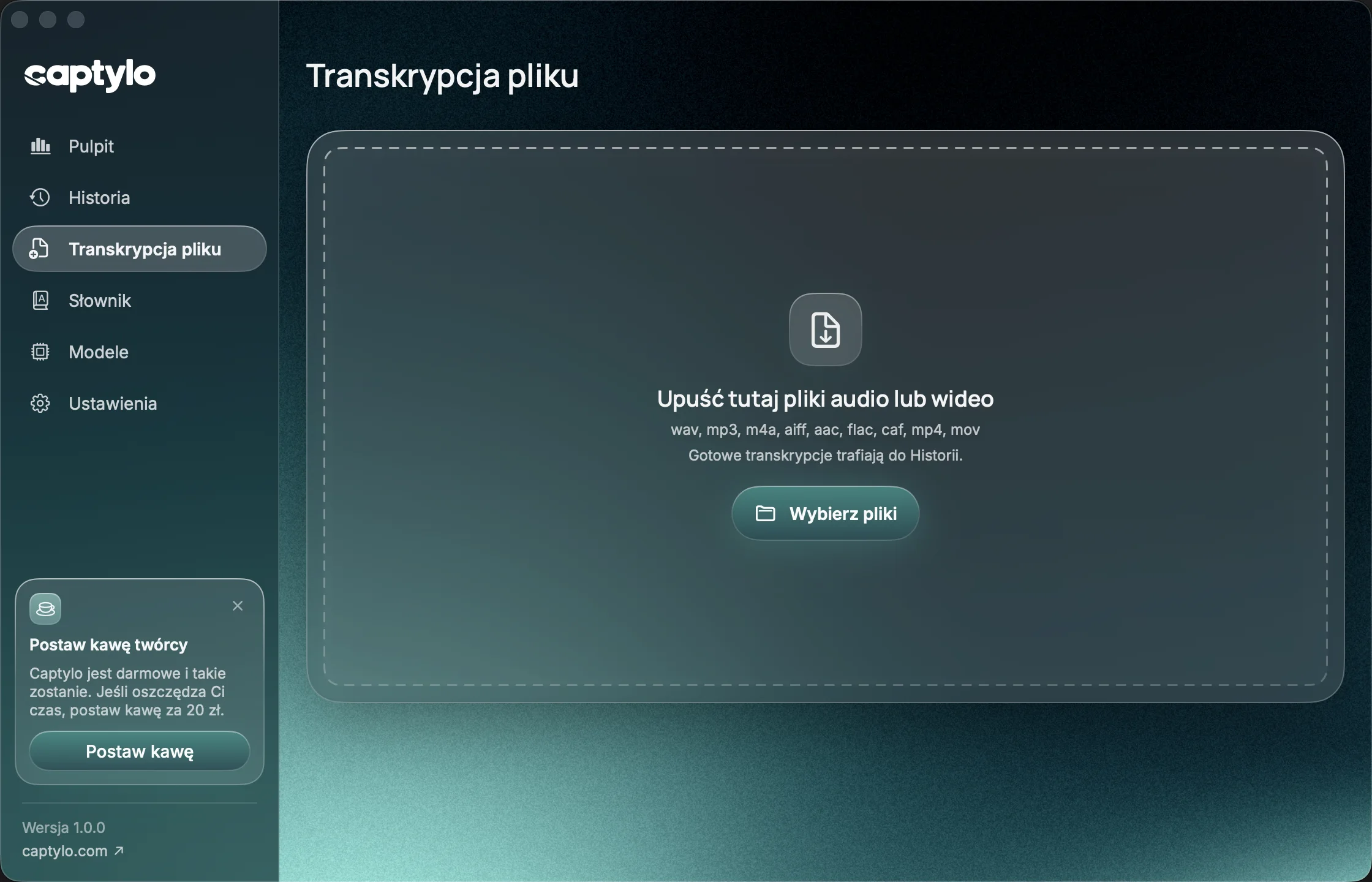 Okno Transkrypcja pliku: pole do upuszczenia nagrania i kolejka plików
