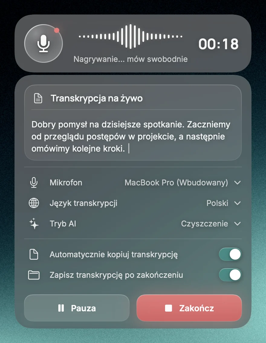 Rozwinięty widget Captylo: fala dźwięku, licznik 00:18, transkrypcja na żywo, wybór mikrofonu, języka i trybu AI oraz przyciski Pauza i Zakończ